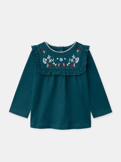 Синя блуза с цветна бродерия за бебе момиче