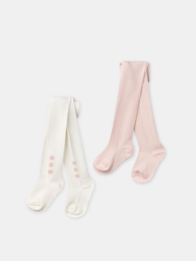 КОМПЛЕКТ ОТ 2 ЧИФТА ЧОРАПОГАЩИ В ЦВЯТ ЕКРЮ И РОЗОВО ЗА БЕБЕ МОМИЧЕТА