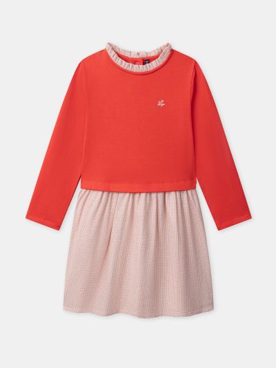 Розова рокля от два материала – едноцветна и на каре, за момиче