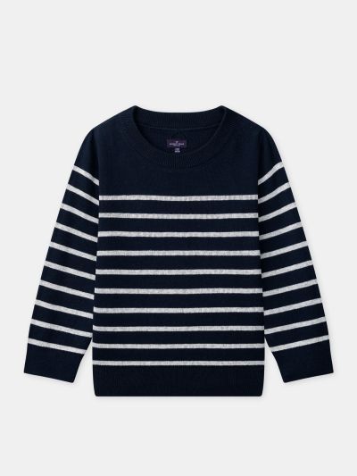 Тъмносин двулицев пуловер за момче – едноцветен или с бели райета