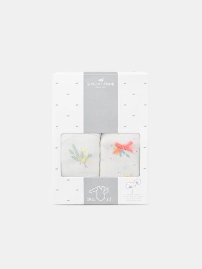 КОМПЛЕКТ ОТ 2 БОДИТА В ЕКРЮ И С ПРИНТ ЛИСТА ЗА НОВОРОДЕНО МОМИЧЕ