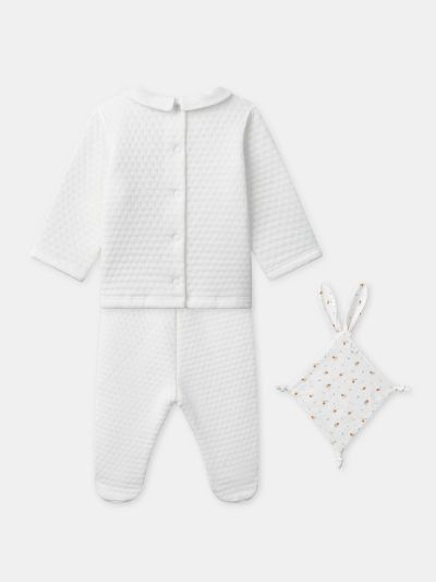 КОМПЛЕКТ БЛУЗА + ЕКРЮ ПАНТАЛОН + ОДЕЯЛЦЕ С ПРИНТ ОХЛЮВ – НОВОРОДЕНО