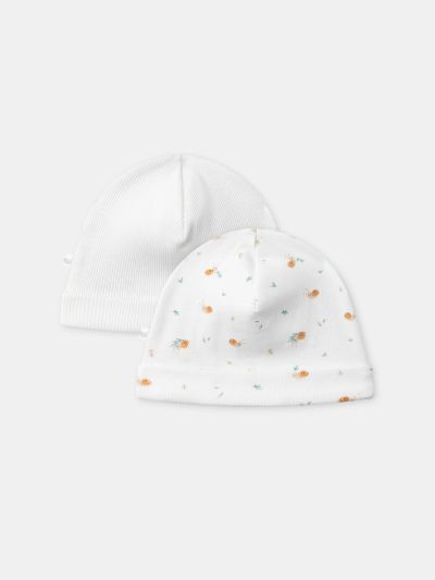 КОМПЛЕКТ ОТ 2 ШАПКИ В ЕКРЮ И С ПРИНТ ОХЛЮВ ЗА НОВОРОДЕНО – УНИСЕКС