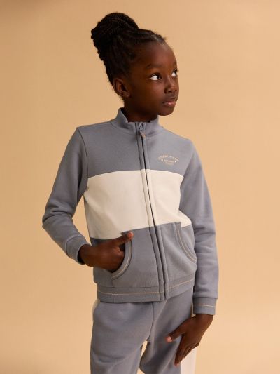 Сиво-синьо-бял елек с цип за момиче